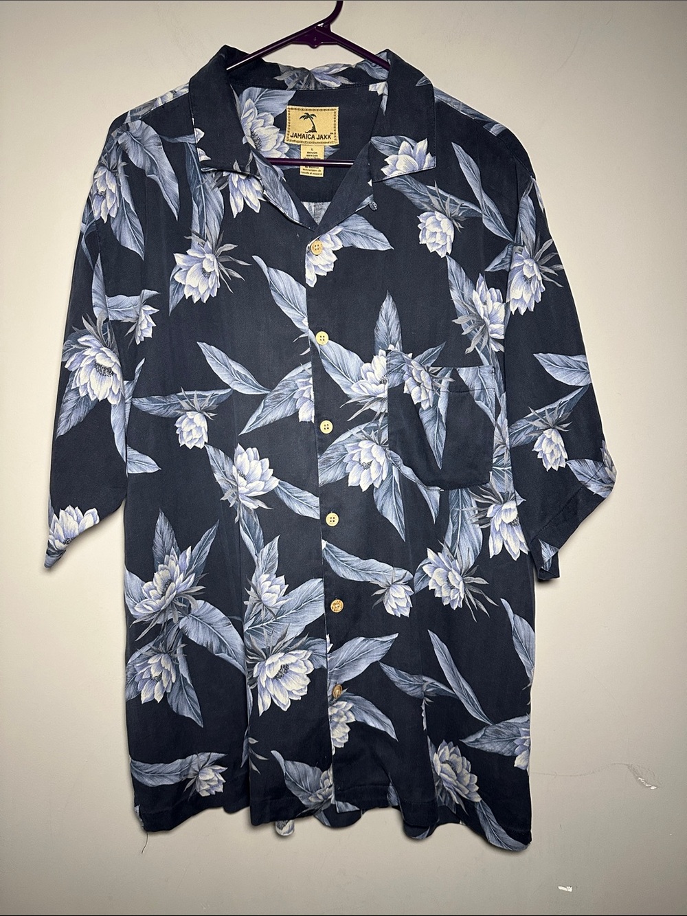 Jamaica Jaxx silk navy blue Floral Shirt Jacket with light Blue Blooms